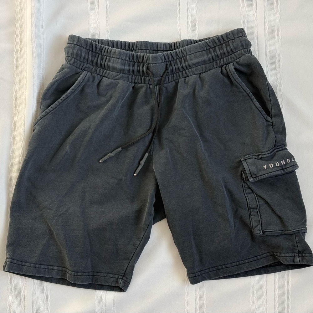YoungLA Men's Cloud Dark Wash Black Cargo Shorts